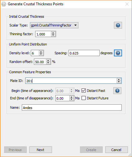 Initial Crustal Thickness Dialog
